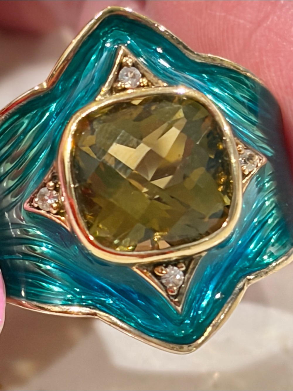 Vintage QVC Diamonique 925 Sterling Silver Vermeil Enamel Cocktail Ring Size 9